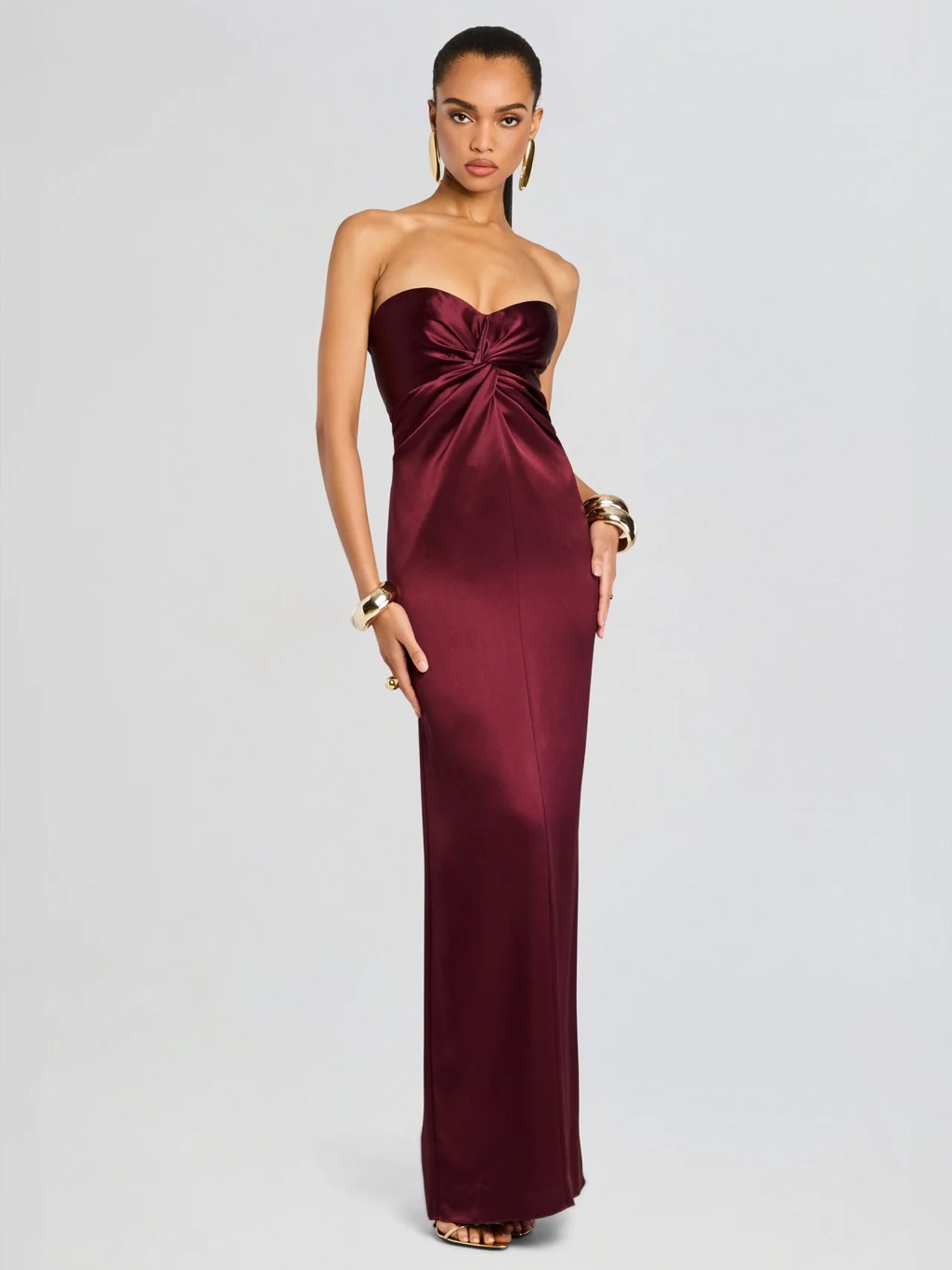 Retrofete Strapless Twist Satin Gown In Wine